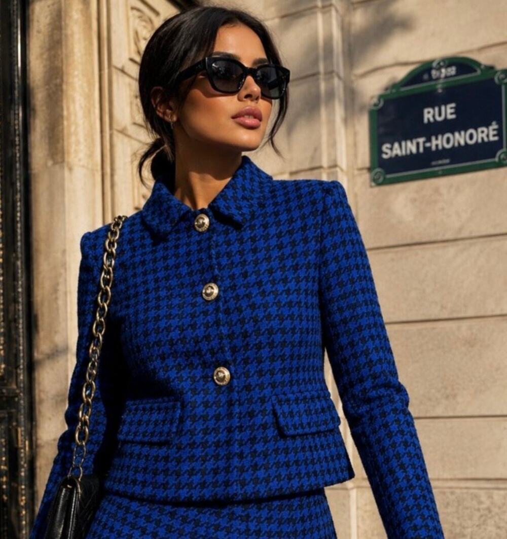Zara Royal Blue & Black Houndstooth Collared Cropped Jacket w/ Gold Buttons